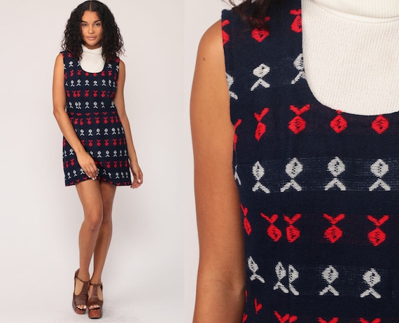 70s Mini Dress BIB Mod Fish Print Sheath Turtleneck 1970s High Waisted Hippie Boho Vintage Bohemian Navy Blue Red White Small 6