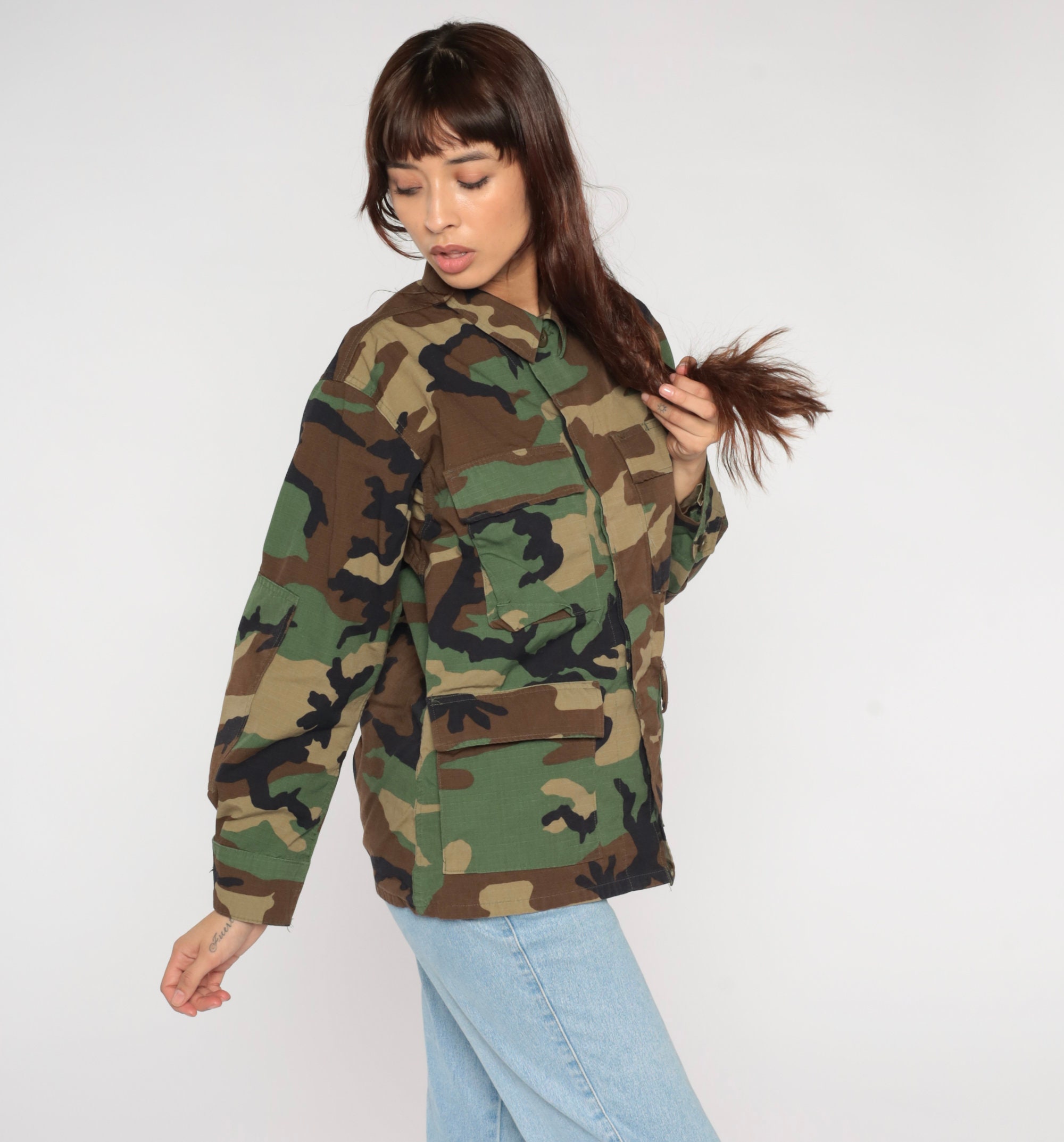 Army Shirt 90s Camo Jacket Green Button Up US Camouflage Military ...