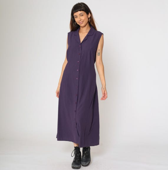 Vintage Purple Button Up Dress 90s Sleeveless Sheath Princess Seam Maxi Dress Shirtdress Plain 1990s Ankle Length Size 18/20W Kathie Lee