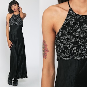 90s Party Dress Black Metallic Lace Dress Maxi 90s Y2K Clinging Black 1990s Vintage Sheath Racerback Cocktail Spaghetti Strap Small s