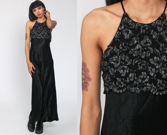 90s Party Dress Black Metallic Lace Dress Maxi 90s Y2K Clinging Black 1990s Vintage Sheath Racerback Cocktail Spaghetti Strap Small s