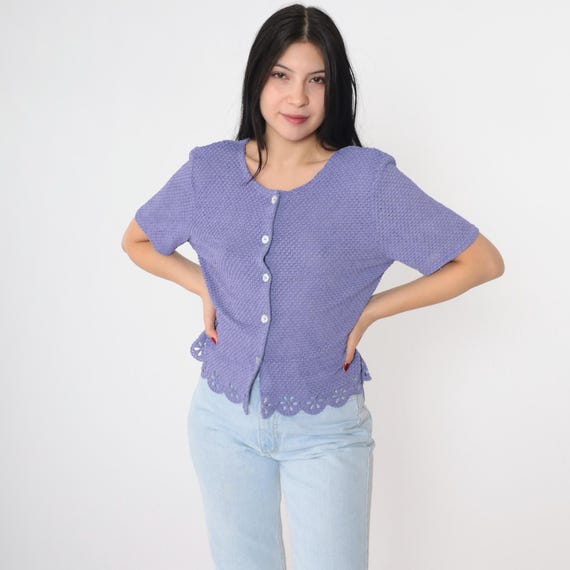 Vintage Purple Cutwork Cardigan Top 90s Sheer Knit Sweater Top Short Sleeve Floral Cutout Button up Blouse Open Weave 1990s Medium 8