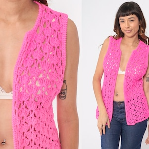 70s Crochet Vest Hot Pink Knit Top 70s Hippie Boho Vest Open Weave Sheer 1970s Vintage Bohemian Sleeveless Sweater Small Medium image 1