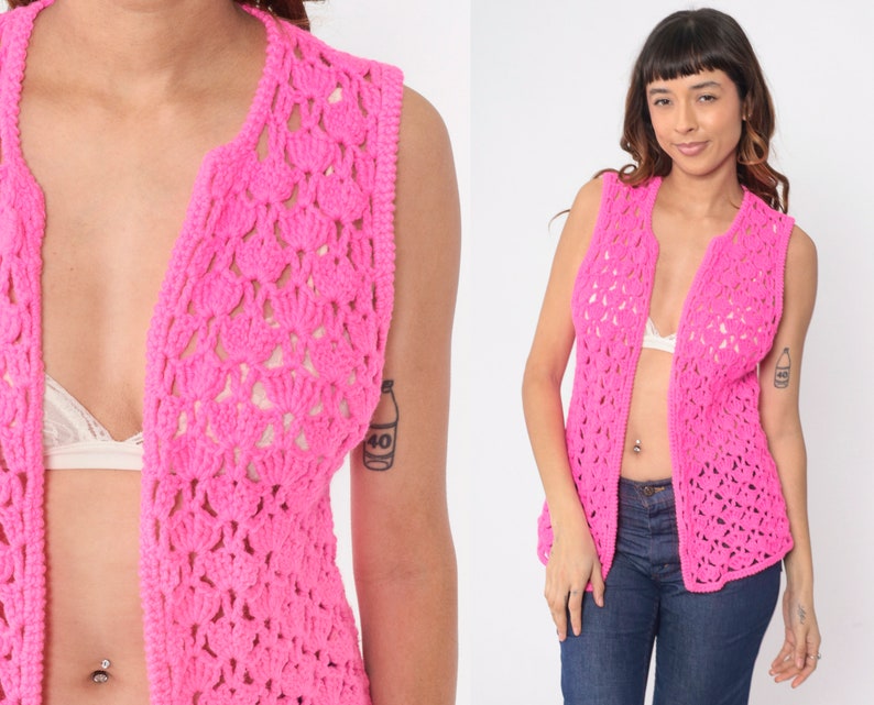 70s Crochet Vest Hot Pink Knit Top 70s Hippie Boho Vest Open Weave Sheer 1970s Vintage Bohemian Sleeveless Sweater Small Medium image 1