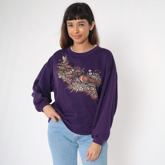 Vintage Duck Sweatshirt 90s Pheasant Waterfowl Animal Sweater Bird Jumper Slouchy 1990s Graphic Purple Nature Crewneck Large