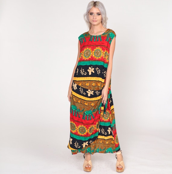 Boho Sundress 90s Elephant Maxi Dress Wrap Skirt Tropical Striped Floral Sunflower Print Sleeveless Beachy Tank Vintage 1990s 24w xxxl