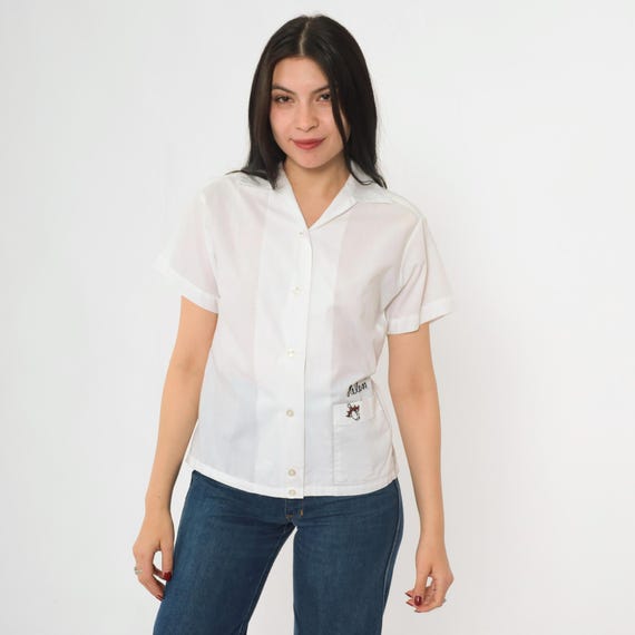 Vintage White Bowling Shirt 60s The Wash House Danville Kentucky Embroidered Name Helen Short Sleeve Permanent Press 1960s Small 34