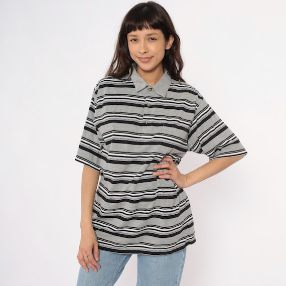 90s Striped Polo Shirt Gray Black White Horizontal Short Sleeve Collar Relaxed Fit Normcore Grandpacore Nerdy Casual Vintage Extra Large XL