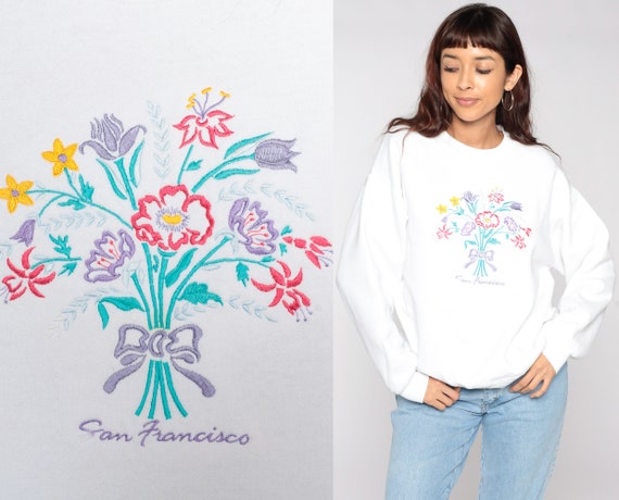 San Francisco Sweatshirt 80s Floral Embroidered Sweatshirt White Shirt California Pullover 1980s Graphic Vintage 90s Crazy Shirts Large L