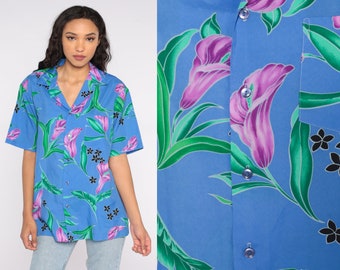 Camisa floral tropical 80s azul roxo verde blusa havaiana botão up vintage surfista férias manga curta topo 1980s masculino grande l