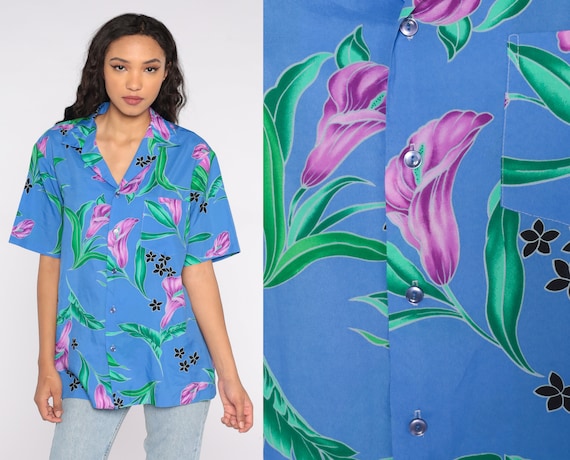 Tropical Floral Shirt 80s Blue Purple Green Hawaiian Blouse Button Up Vintage Surfer Vacation Short Sleeve Top 1980s Men's Large L