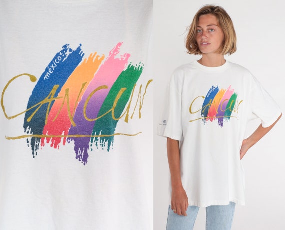Cancun T-Shirt 90s Mexico Shirt Colorful Brushstroke Graphic Tee Mexican Travel Souvenir Tourist TShirt White Retro Vintage 1990s 2xl xxl