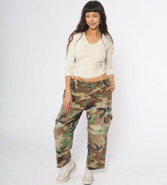 Camo Cargo Pants 90s Woodland Camouflage Military Army Utility Combat Streetwear Gorpcore Vintage Outdoor Tactical Grunge Pockets Small S