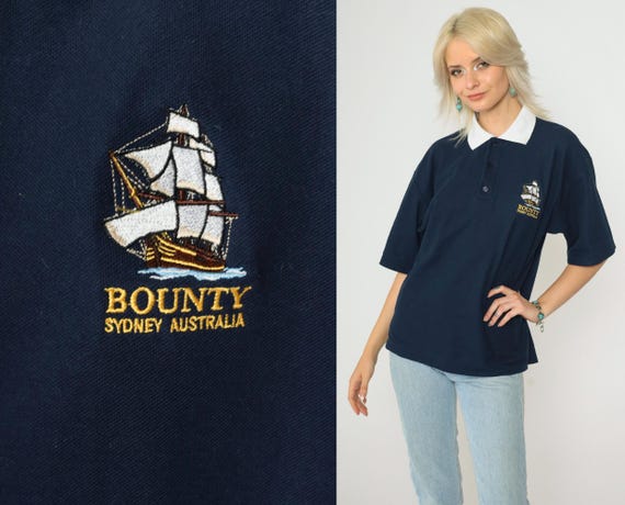 Bounty Cruises Australia Polo Shirt 90s Sydney Sailboat Shirt Vintage Navy Blue Retro Shirt Graphic Print 1990s White Collar Medium