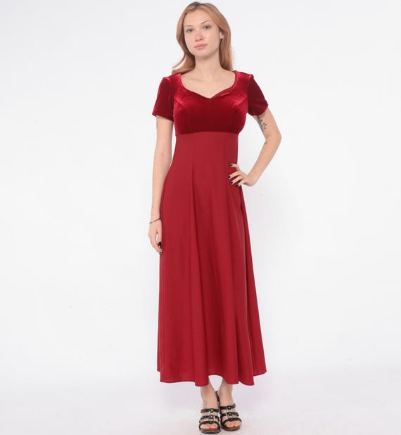 Red Velvet Party Dress Y2K Empire Waist Color Block Two Tone Short Sleeve Burgundy Wine Crimson Formal Vintage Evening Gown Romantic Small S