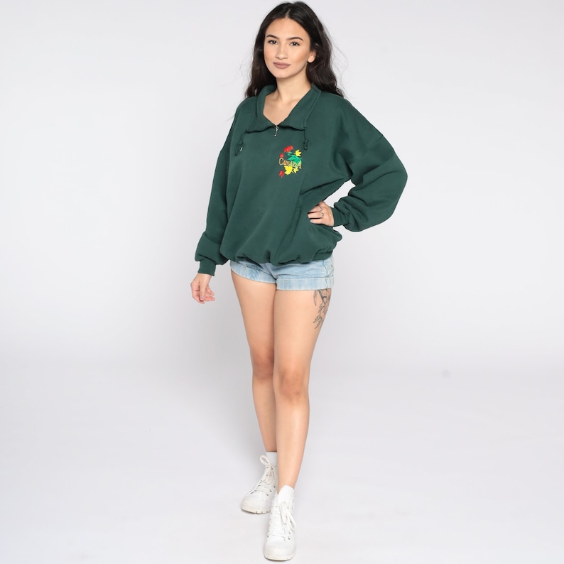 Canada Sweatshirt 90s Green Quarter Zip Sweatshirt Slouchy Jumper Pullover 1990s Graphic Travel Vintage Large L image 3