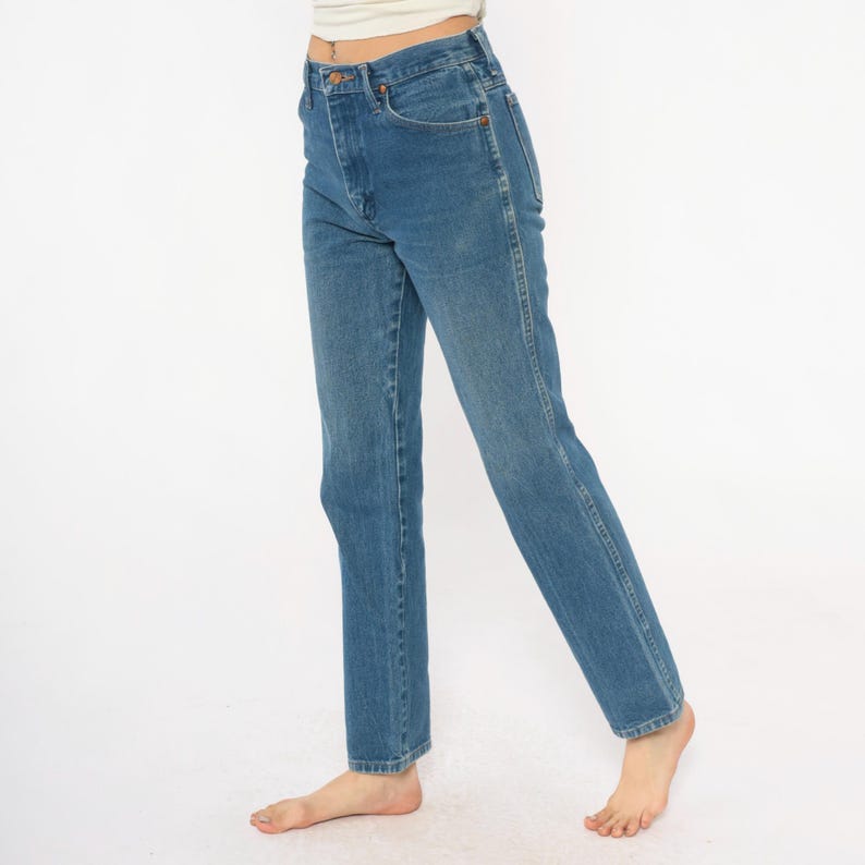 90-tals Wrangler-jeans med hög midja, raka ben, ljusblå tvättade denimjeans, bomull, vintage, klassiska, vardagliga, enkla byxor, 30x32, medium bild 9