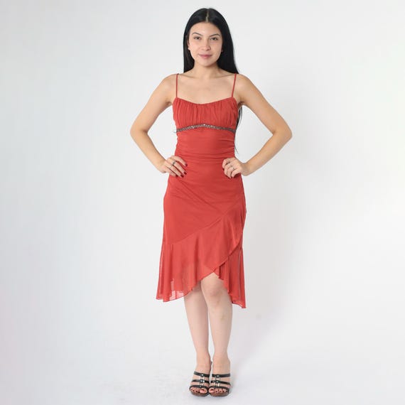Y2K Rust Ruched Party Dress Vintage Spaghetti Strap Midi Bodycon Asymmetrical Hem Beaded Sequin Sheer Orange Overlay Ruby Rox Small xs s