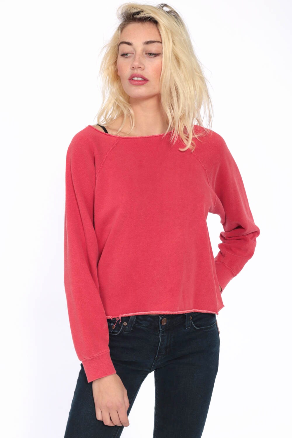 Red Raglan Sweatshirt 80s Plain Faded DISTRESSED Long Sleeve Shirt ...