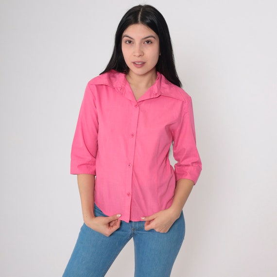 Bright Pink Blouse 70s Button up Shirt Wing Collar Top Retro Basic Plain Preppy Collared Simple Minimalist 3/4 Sleeve Vintage 1970s Small