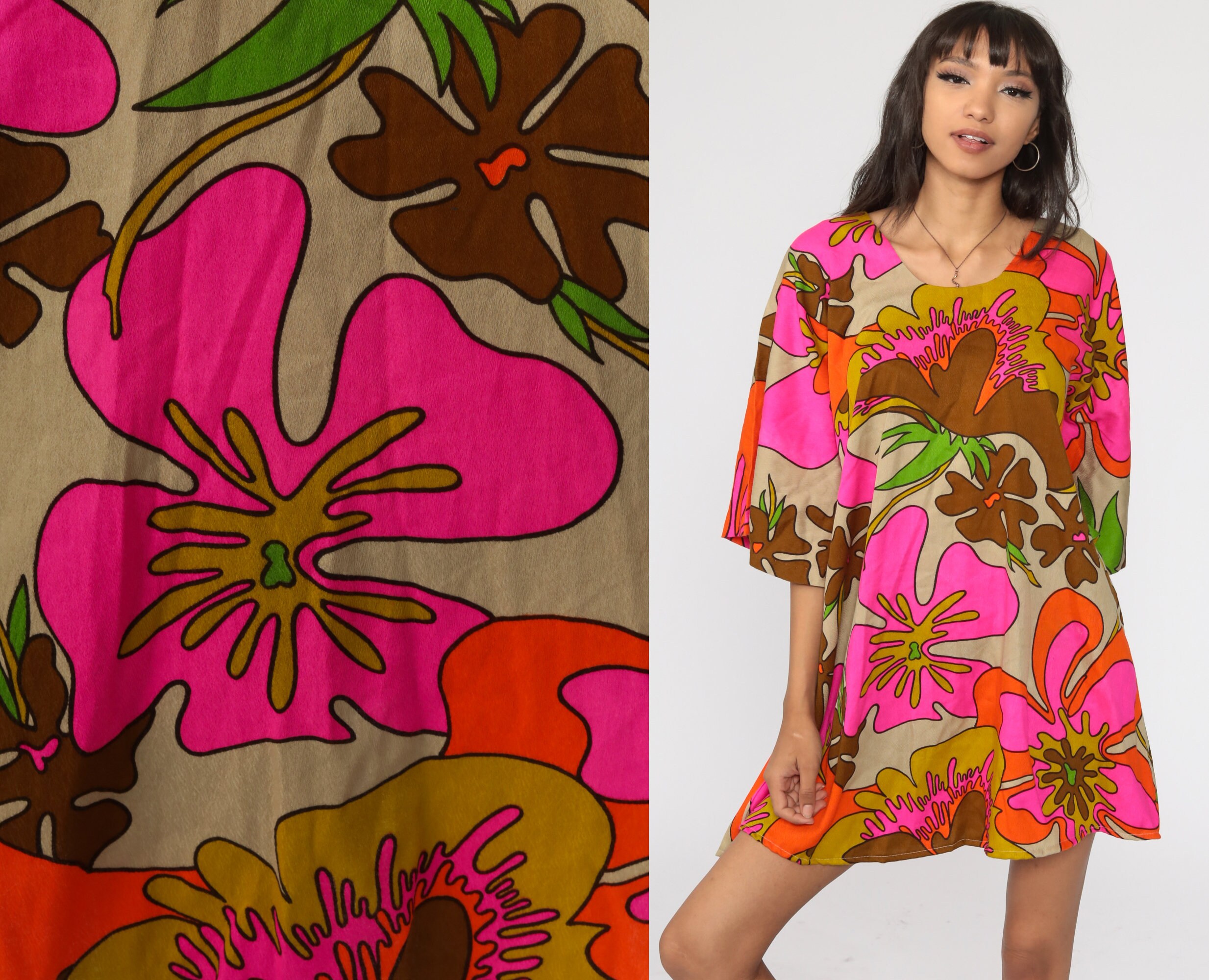 bell sleeve 70s dress