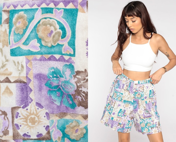 Floral Shorts 90s Baggy Shorts Purple Turquoise Summer Wide Leg Surfer High Waisted Retro Vintage 1990s Medium