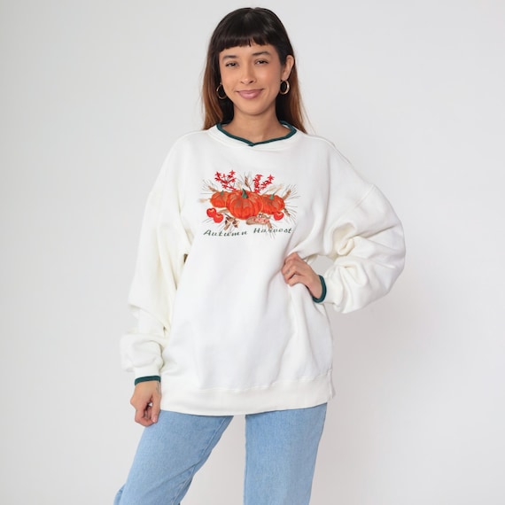 Autumn Harvest Sweatshirt Y2K Pumpkin White Green Trim Vintage Fall Halloween Thanksgiving Seasonal Crew Neck Cottagecore Extra Large XL