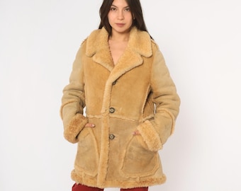 70s Tan Leather Coat Wilsons Sherpa Lined Notched Collar Camel Brown Suede Western Penny Lane Winter Jacket Fall Layering Vintage Medium M