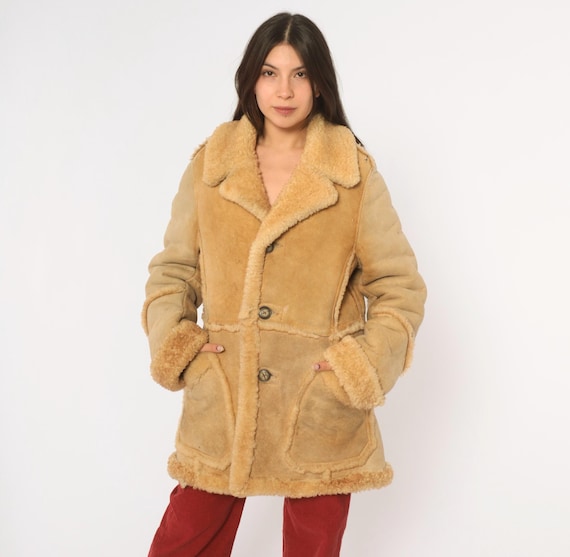 70s Tan Leather Coat Wilsons Sherpa Lined Notched Collar Camel Brown Suede Western Penny Lane Winter Jacket Fall Layering Vintage Medium M