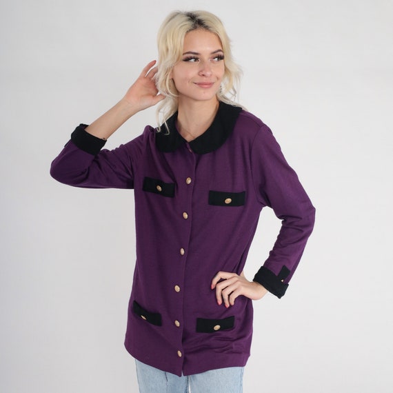 Purple Wool Blazer 90s Talbots Button Up Jacket Retro Professional Secretary Coat Structured Preppy Formal Black Trim Vintage 1990s Medium M