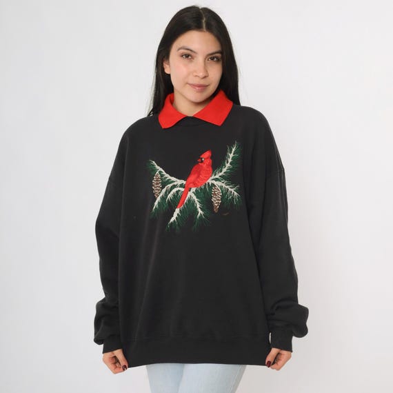 Cardinal Bird Sweatshirt 90s Snow Pine Tree Sweatshirt Black Red Collar Winter Jumper Graphic Retro Pullover 1990s Sweater Hanes XXL