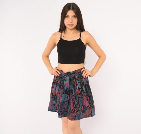 80s Tropical Leaf Print Mini Skirt Black Pink Blue Pleated High Waist Botanical Palm Swing A Line Dark Cottagecore Summer Vintage Medium M
