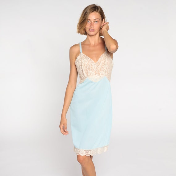 Baby Blue Slip Dress 70s Lingerie Nightgown Cream… - image 2