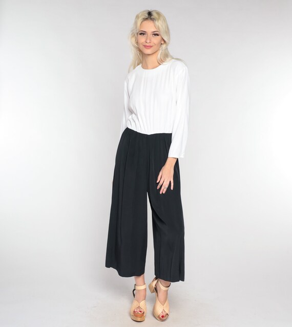 Wide Leg Pantsuit 90s Black White Jumpsuit Retro Long Sleeve One Piece Outfit Secretary Simple Basic Chic Romper Pants Vintage 1990s Medium