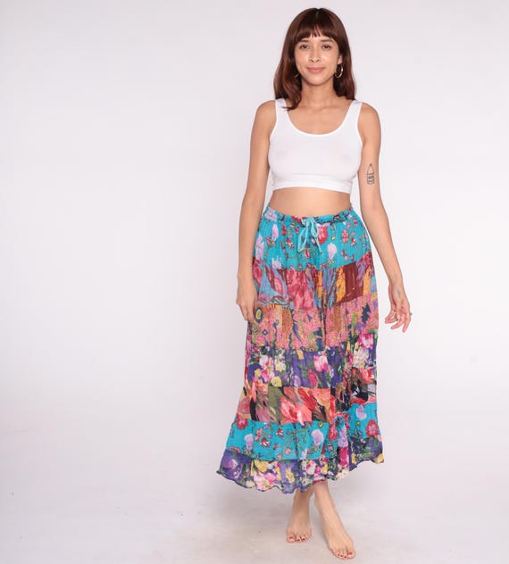 Colorful Patchwork Skirt 90s Broomstick Floral Cotton Drawstring Waist Cottagecore Fairycore Peasant Hippie Prairie Summer Vintage Small S