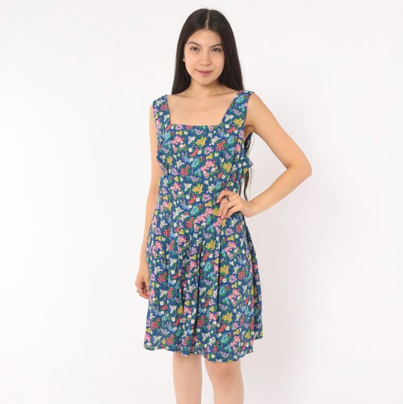 90s Floral Sundress Liz Claiborne Blue Pink Garden Print Scoop Neck Sleeveless Pleated Skirt Cotton Fit Flare Prairie Mini Dress Medium M