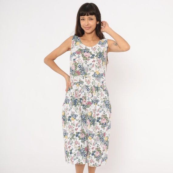 90s Floral Sundress White Pink Blue Garden Print Sleeveless Cotton Drop Waist Summer Spring Beach Prairie Cottagecore Flower Vintage Small S
