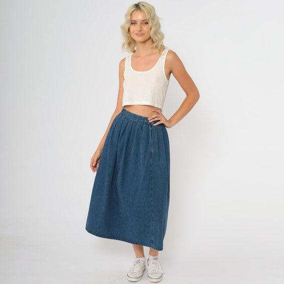 Vintage 80s Calvin Klein Medium Blue Denim Midi Skirt High Waisted A Line Pleated Cotton CK Size 6 Small Medium Retro Classic