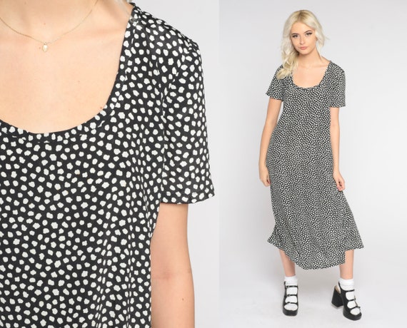 Vintage Polka Dot Midi Dress 90s Black & White Dress Boho Retro Grunge Short Sleeve Flowy Day Dress Imperfect Dot Print 1990s Small Medium