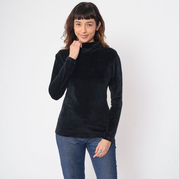 Black Velvet Shirt 90s Turtleneck Blouse Long Sle… - image 4