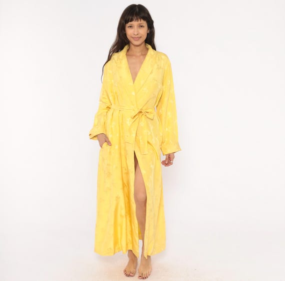 Golden Silk Robe 80s Jacquard Bamboo Maxi Duster Kimono Style Wrap Tie Waist Shawl Collar Yellow Satin Housecoat Loungewear Vintage Large L