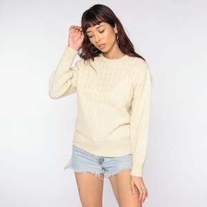 Cable Knit Sweater Cream WOOL Sweater 70s Sweater Knit Hipster Boho Pullover Cableknit 1970s Jumper Vintage Crewneck 80s Medium Large