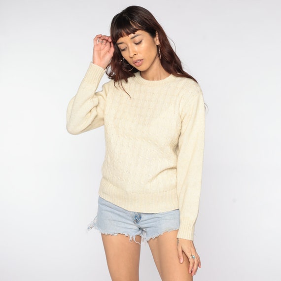 Cable Knit Sweater Cream WOOL Sweater 70s Sweater Knit Hipster Boho Pullover Cableknit 1970s Jumper Vintage Crewneck 80s Medium Large