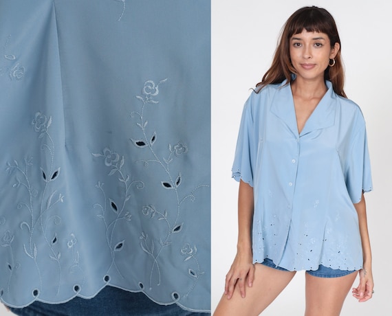 Baby Blue Embroidered Blouse 80s FLORAL Eyelet To… - image 1