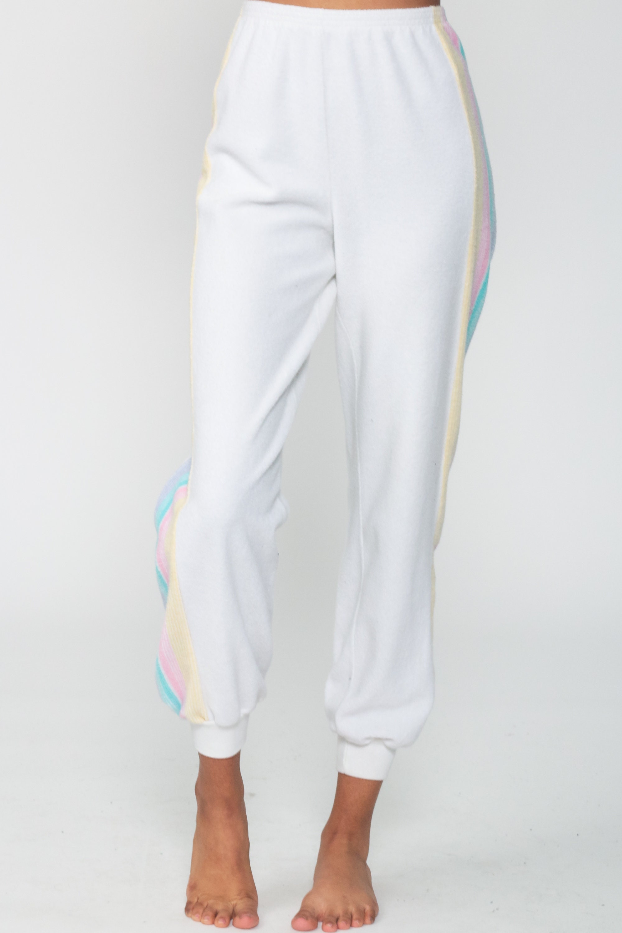 Rainbow Jogging Pants White Terry Cloth Lounge Pants 70s Sweatpants Pastel Athletic 80s Track