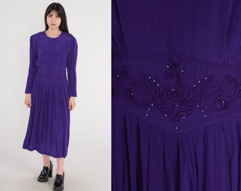 Royal Purple Dress 80s Beaded Party Dress Midi Dress Long Puff Sleeve High Waisted Formal Evening Vintage 1980s Karin Stevens Medium