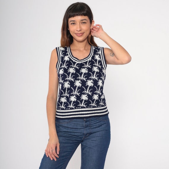 70s Palm Tree Sweater Vest Top Navy Blue Knit Tank Top Boho Hippie Top 1970s Novelty Print Bohemian Ringer Nerd Geek Vintage Small S