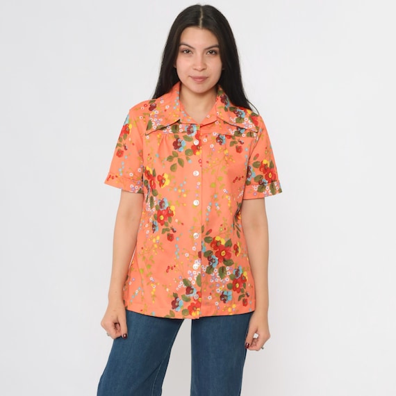70s Mod Floral Shirt Orange Button Up Shirt Bohemian Dagger Collar Shirt Boho Blouse 1970s Hippie Top Short Sleeve Vintage Medium 38