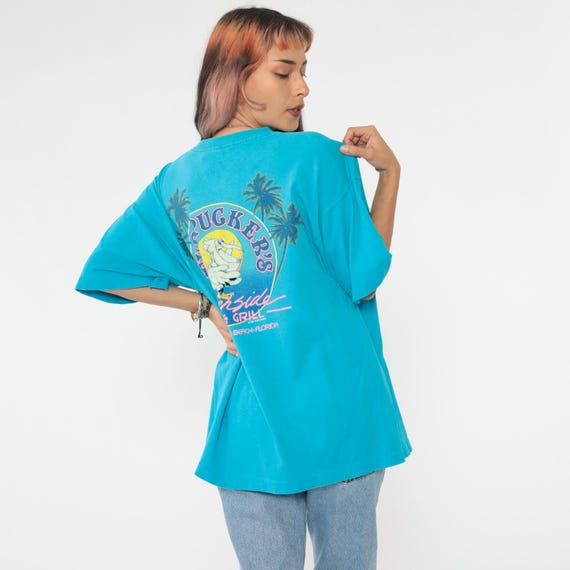 Vintage Fudpucker's Beachside Grill T-Shirt 90s Turquoise Graphic Tee Pelican Print Destin Florida Resortwear Bar Shirt 1990s Extra Large xl