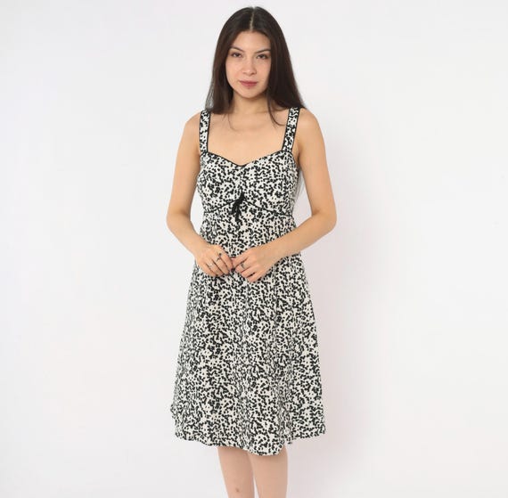 Y2K Abstract Speckle Print Dress White Black Cotton Sweetheart Neckline Sleeveless A Line Bow Party Sundress R & K Originals Vintage Large L